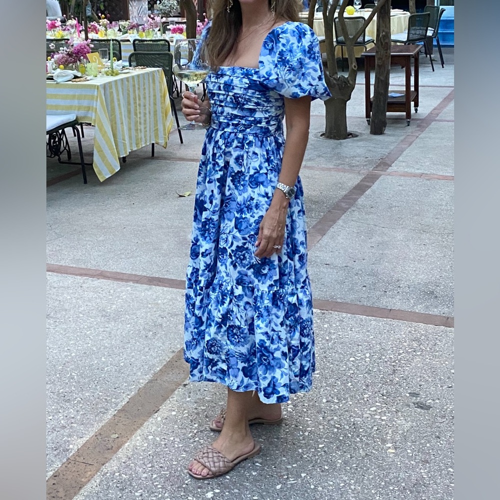 ABERCROMBIE The A&F Emerson Poplin Puff Sleeve Midi Dress Floral Blue White S - Picture 4 of 4